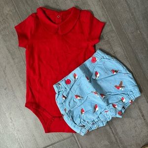 Mini Boden sz 18 24 2t 2 3 red Robin cord bloomers Peter Pan collar girl…